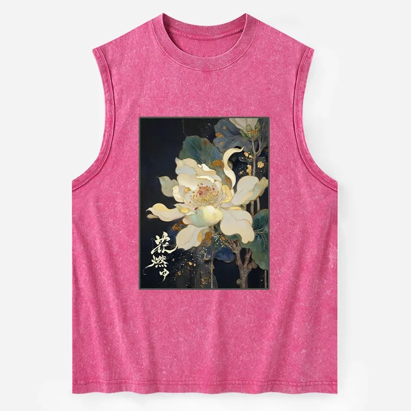 Tokyo-Tiger Lotus Adorned With Golden Specks Washed Tank