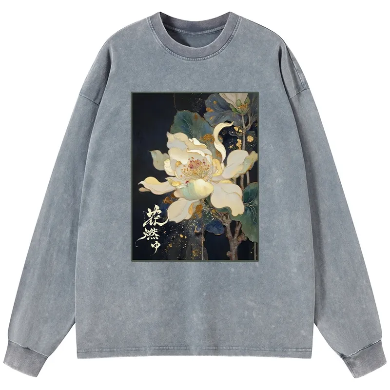 Tokyo-Tiger Lotus Adorned With Golden Specks Washed Long Sleeve T-Shirt