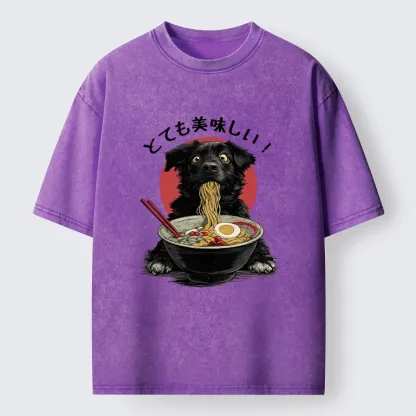 Tokyo-Tiger Dog Eating Ramen Joyfully Washed T-Shirt