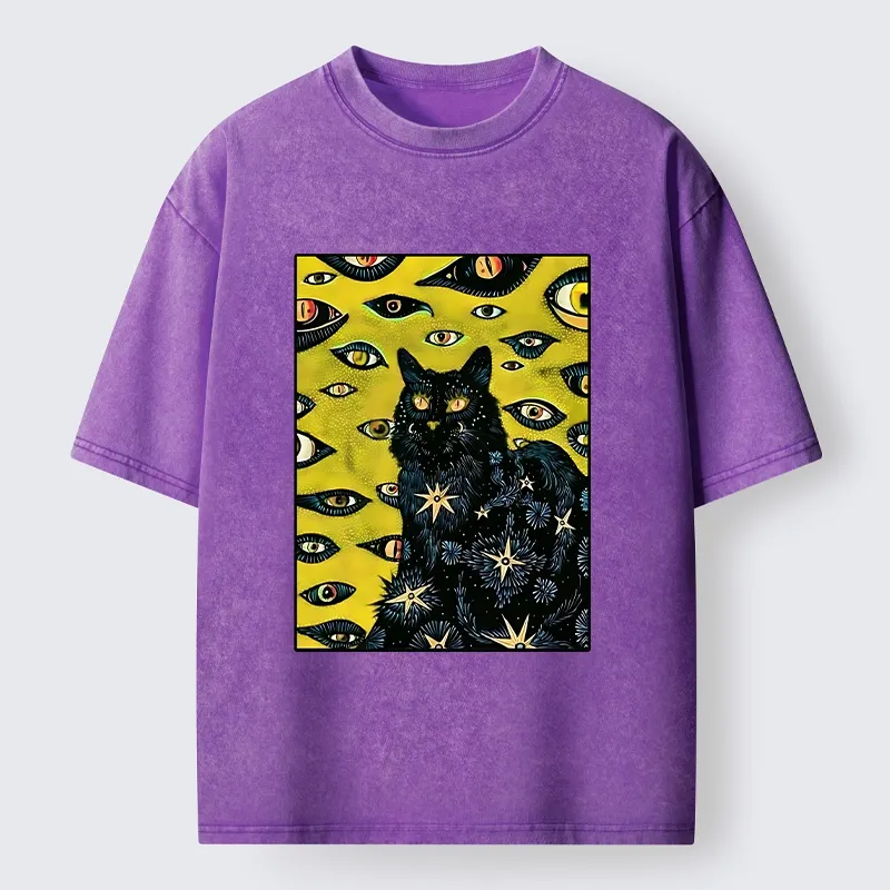Tokyo-Tiger Cat With Many Eyes And Stars Washed T-Shirt