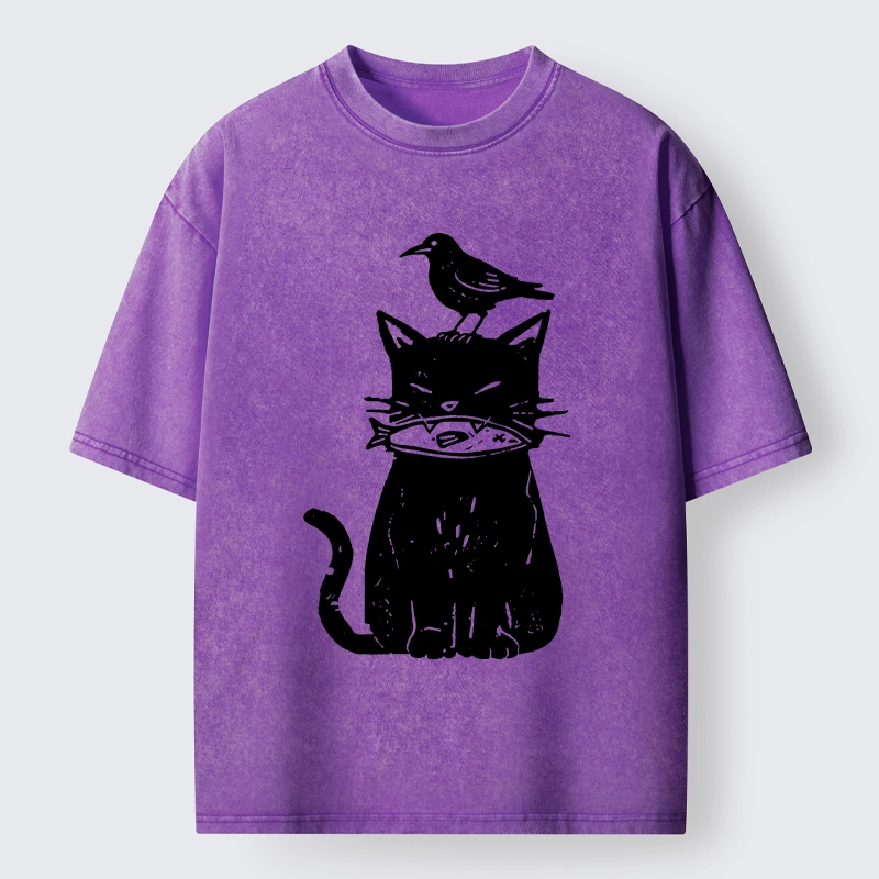 Tokyo-Tiger Black Cat With Fish And Bird Washed T-Shirt