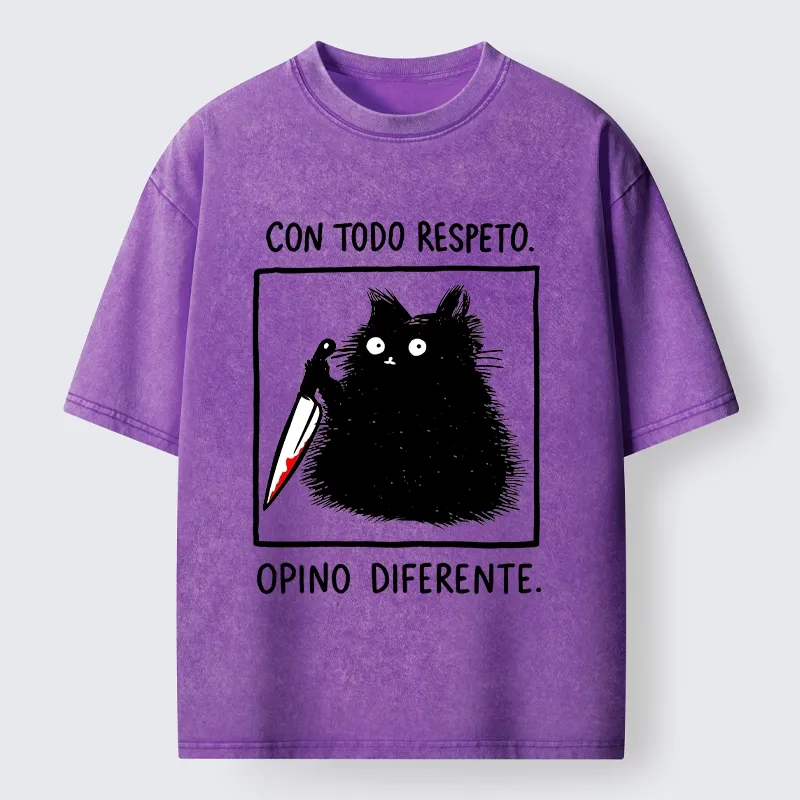 Tokyo-Tiger Black Cat Holds Knife Disagrees Washed T-Shirt