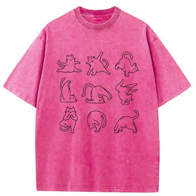 Tokyo-Tiger Cat Pose Yoga Washed T-Shirt