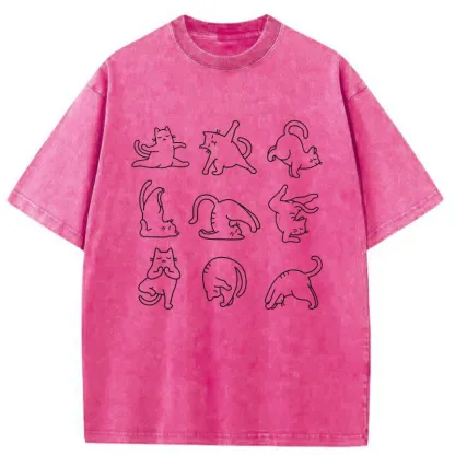 Tokyo-Tiger Cat Pose Yoga Washed T-Shirt