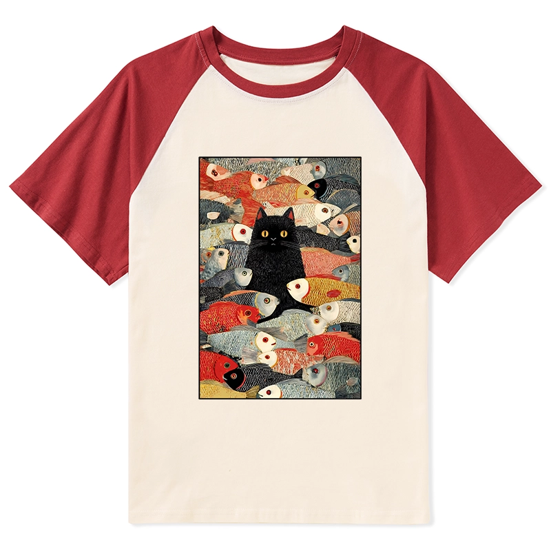 Tokyo-Tiger Cats And Fish Raglan T-shirt