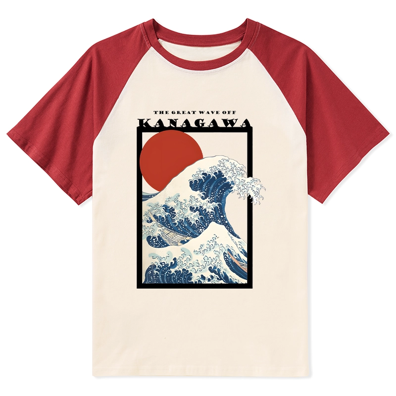 Tokyo-Tiger Minimalist Ukiyo-e Waves Raglan T-shirt