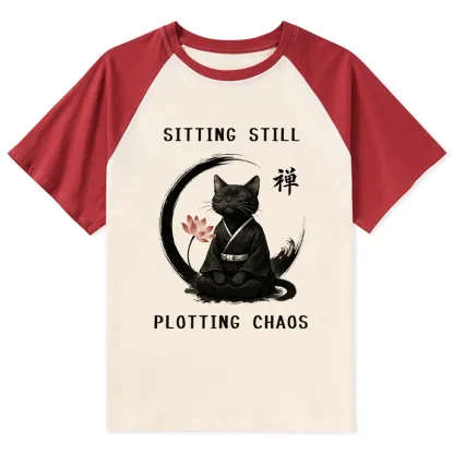Tokyo-Tiger Sitting Still Plotting Chaos Calming Zen Cat Funny Raglan T-shirt