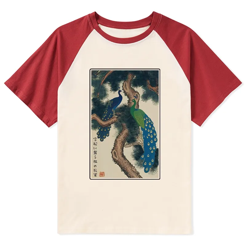 Tokyo-Tiger Peacocks in Snowy Pines Raglan T-shirt
