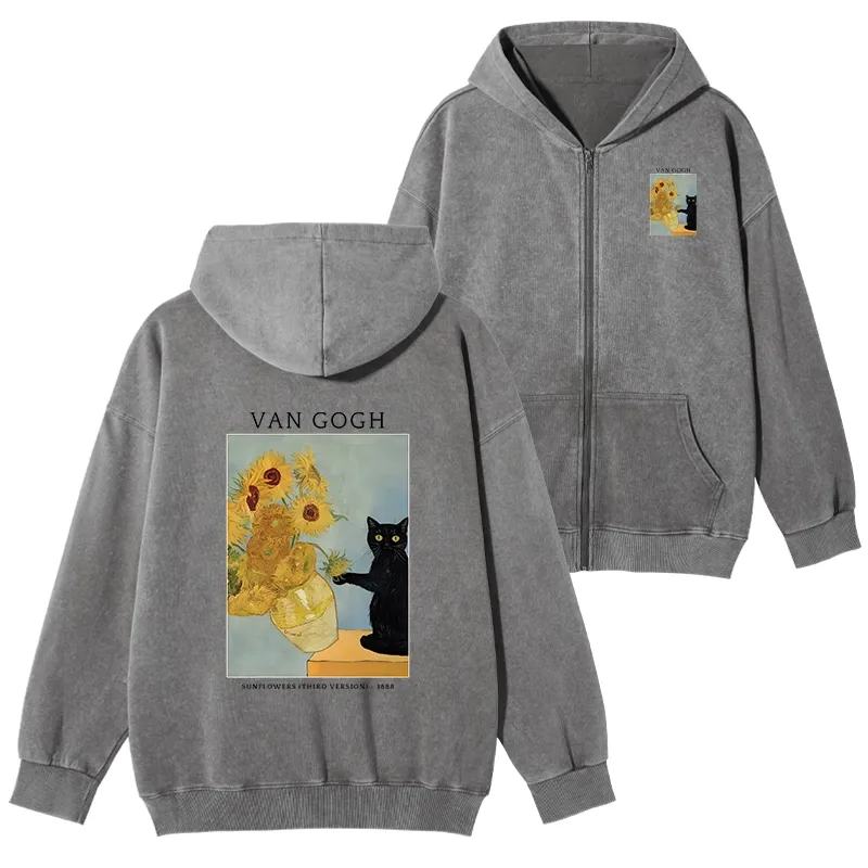 Tokyo-Tiger Black Cat With Sunflowers Washed Zip Hoodie