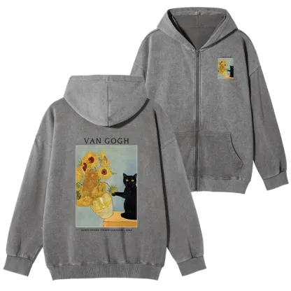Tokyo-Tiger Black Cat With Sunflowers Washed Zip Hoodie