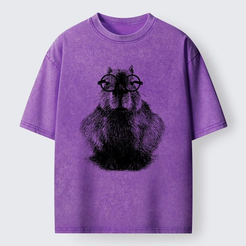 Tokyo-Tiger Smart Capybara With Glasses Washed T-Shirt