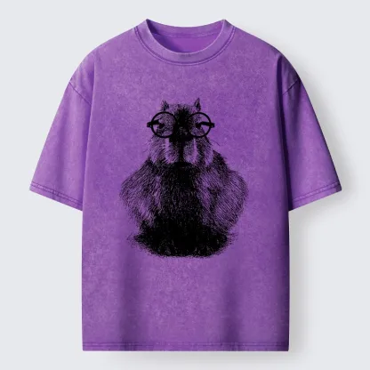 Tokyo-Tiger Smart Capybara With Glasses Washed T-Shirt
