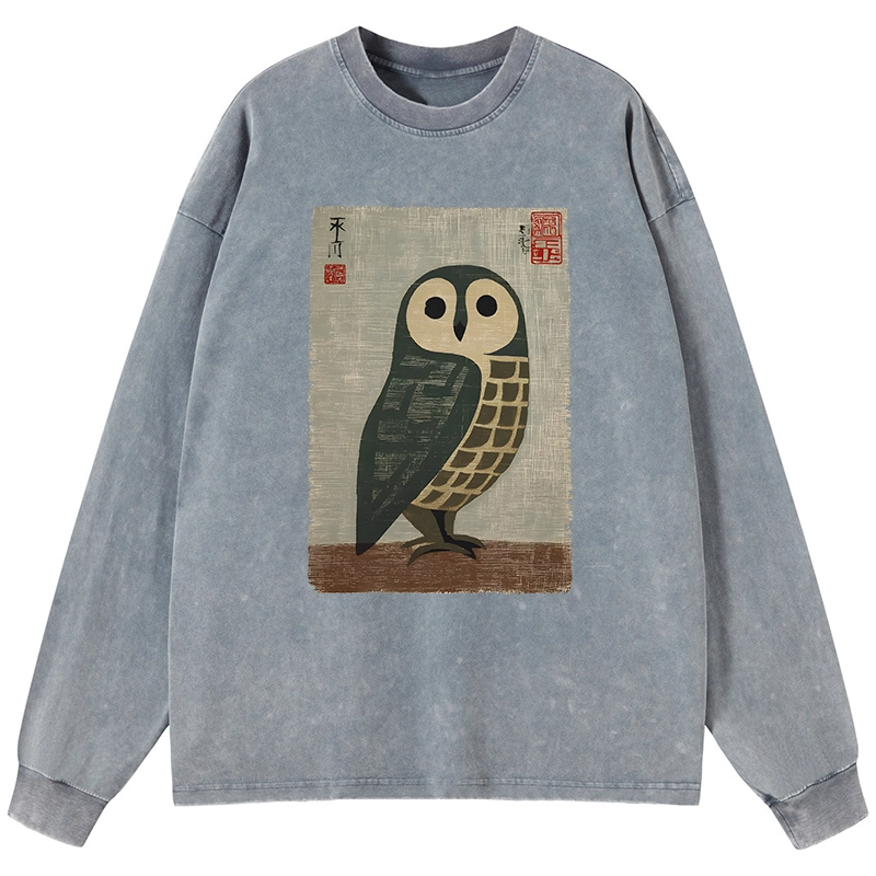 Tokyo-Tiger Traditional Owl In Japanese Art Washed Long Sleeve T-Shirt