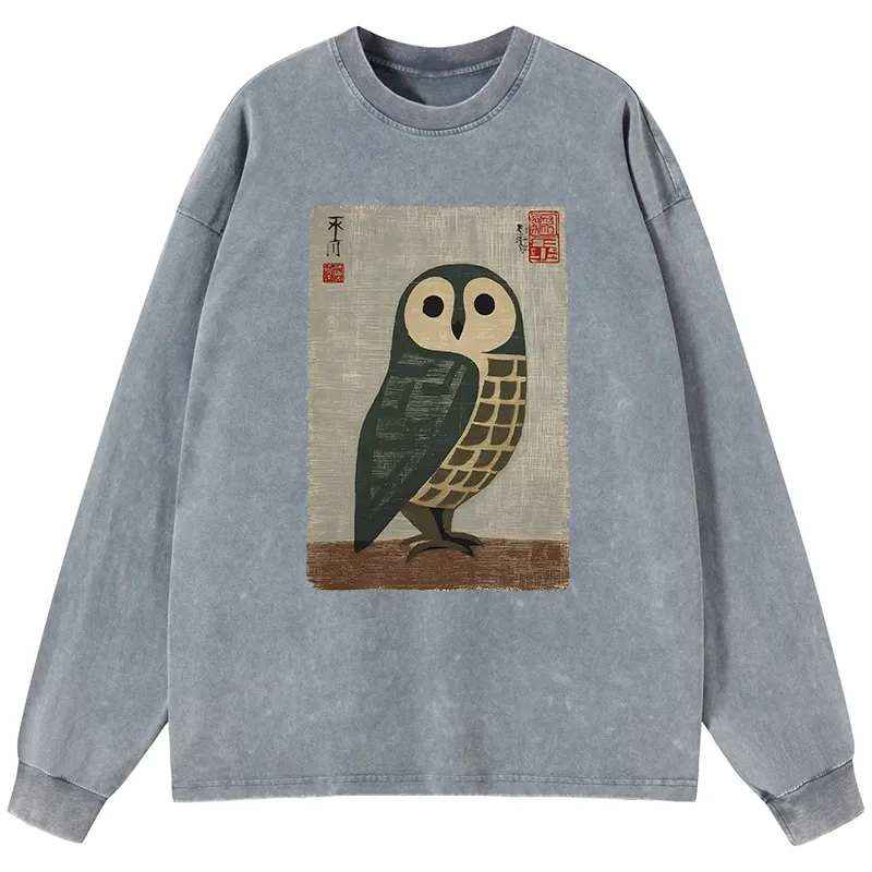 Tokyo-Tiger Traditional Owl In Japanese Art Washed Long Sleeve T-Shirt
