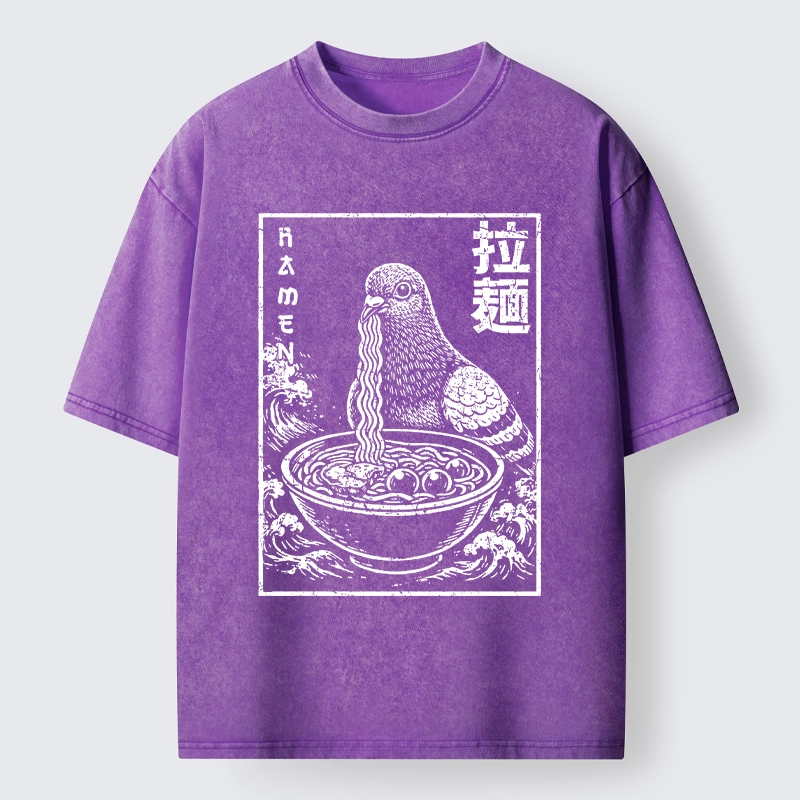 Tokyo-Tiger Pigeon Eating Ramen Art Washed T-Shirt