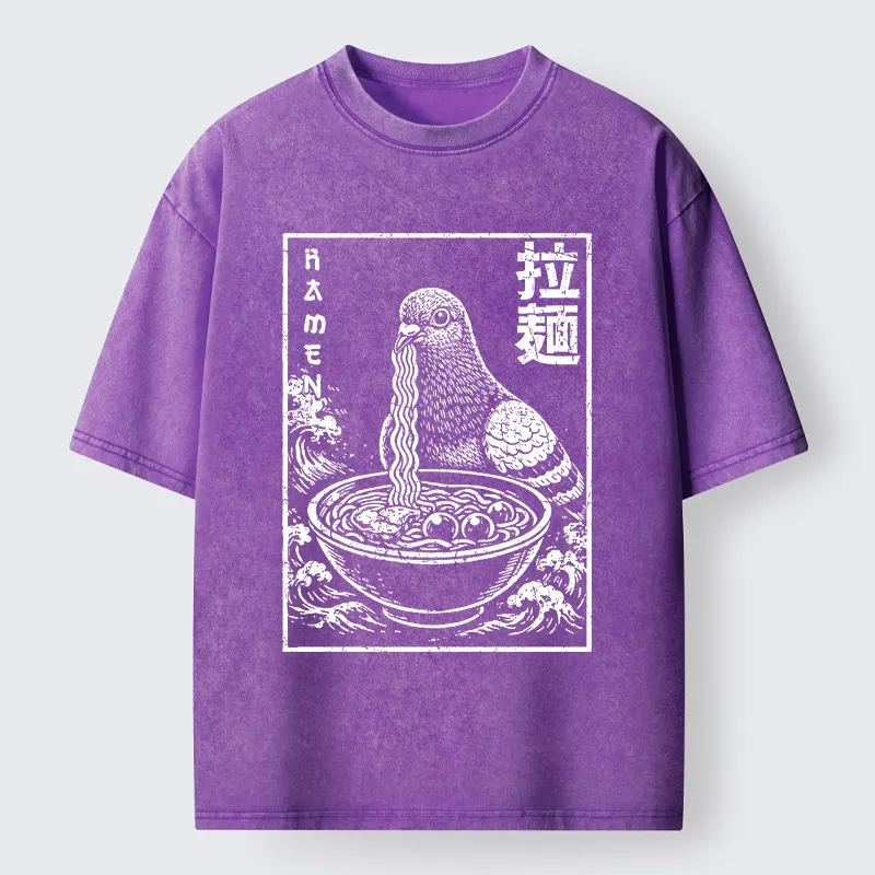 Tokyo-Tiger Pigeon Eating Ramen Art Washed T-Shirt