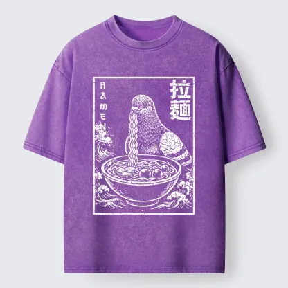 Tokyo-Tiger Pigeon Eating Ramen Art Washed T-Shirt
