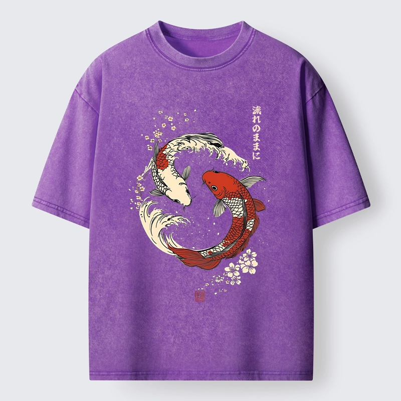 Tokyo-Tiger Elegant Koi Fish And Sakura Washed T-Shirt