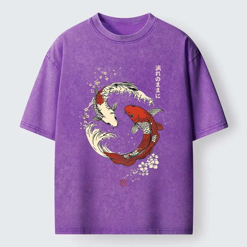 Tokyo-Tiger Elegant Koi Fish And Sakura Washed T-Shirt Sale