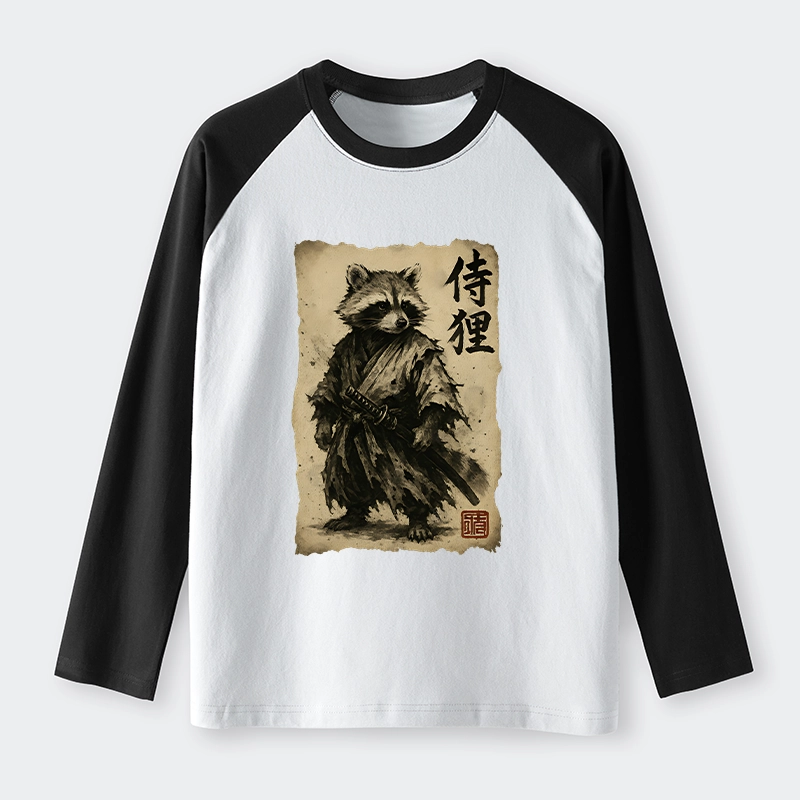 Tokyo-Tiger Retro Raccoon Samurai Raglan Long Sleeve T-shirt