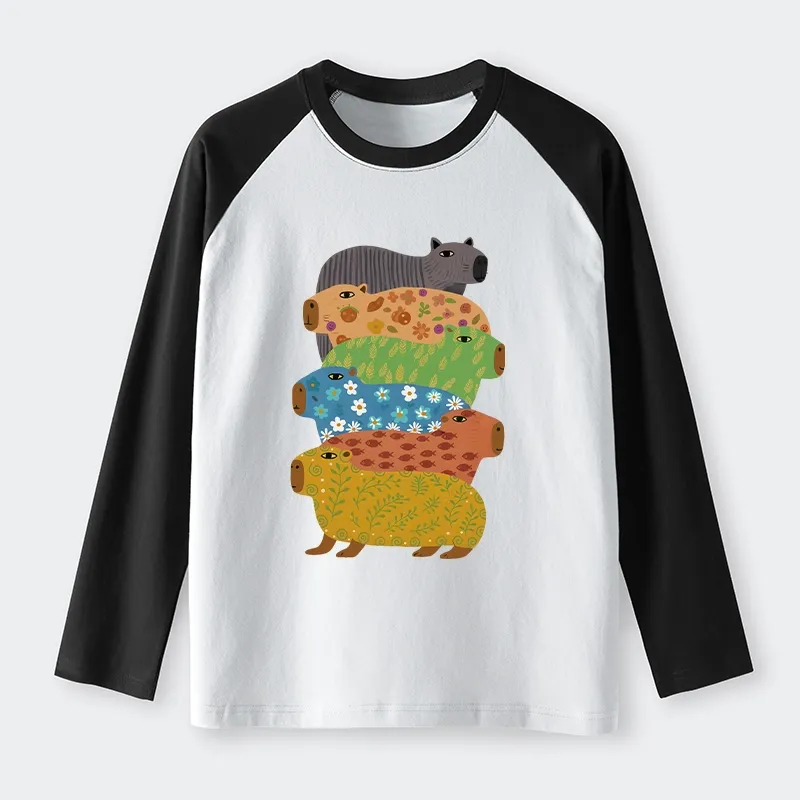 Tokyo-Tiger Colorful Capybaras Raglan Long Sleeve T-shirt