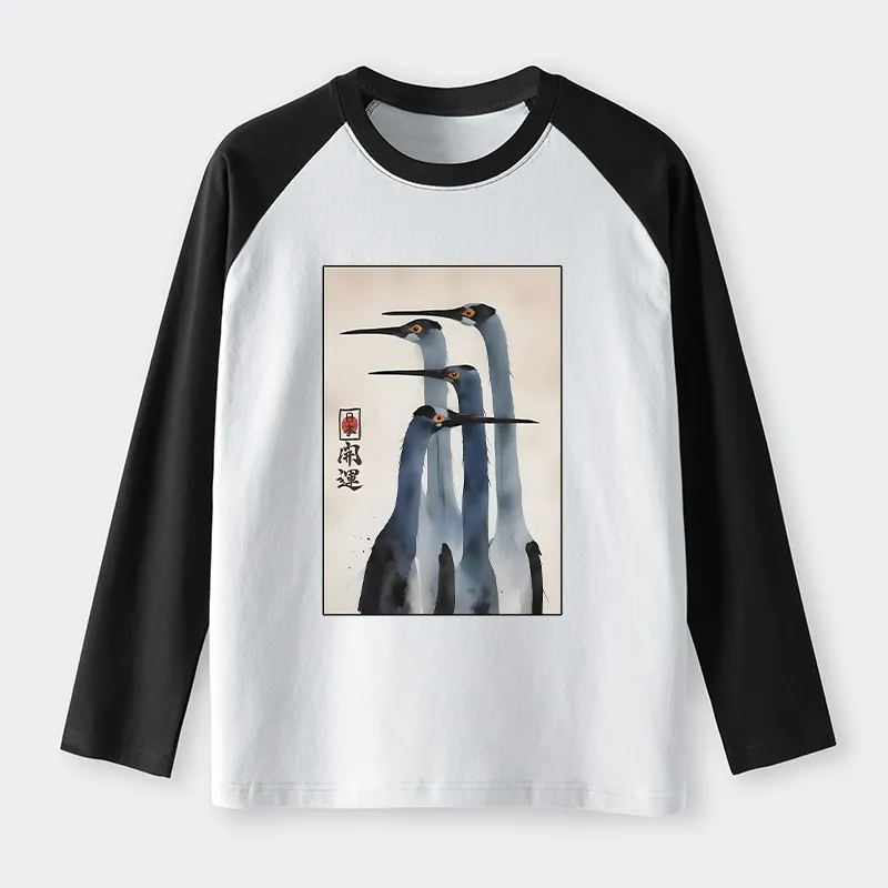 Tokyo-Tiger Retro Sandhill Crane Raglan Long Sleeve T-shirt
