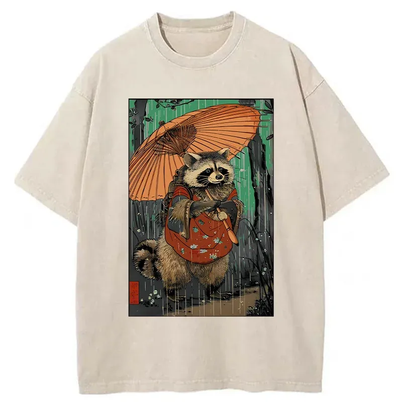 Tokyo-Tiger Cute Raccoon Japanese Washed T-Shirt