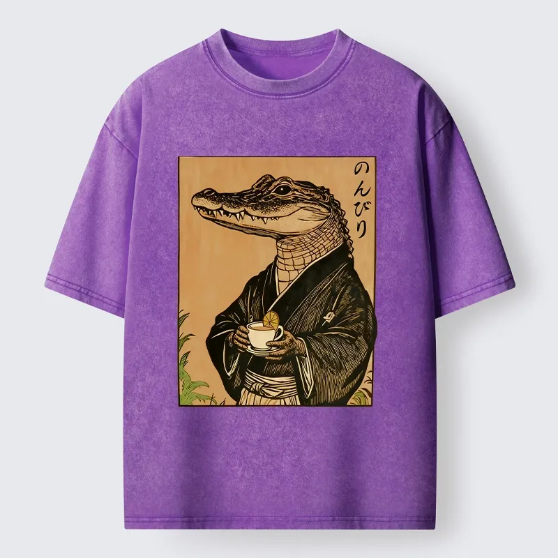 Tokyo-Tiger Alligator In Kimono Drinking Tea Washed T-Shirt