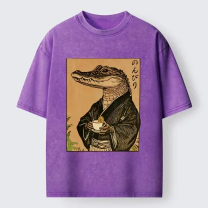 Tokyo-Tiger Alligator In Kimono Drinking Tea Washed T-Shirt