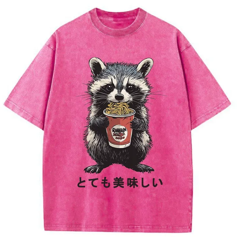 Tokyo-Tiger Cute Raccoon Eating Ramen Washed T-Shirt