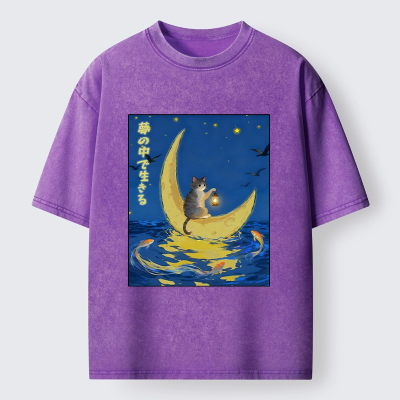 Tokyo-Tiger Cat On Moon Boat Over Sea Washed T-Shirt