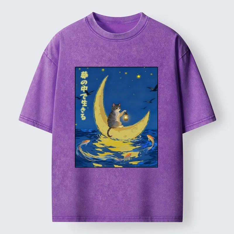 Tokyo-Tiger Cat On Moon Boat Over Sea Washed T-Shirt