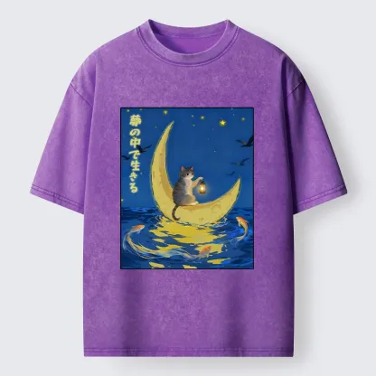 Tokyo-Tiger Cat On Moon Boat Over Sea Washed T-Shirt