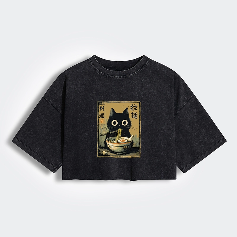 Tokyo-Tiger Cute Black Cat Eating Ramen Japan Women's Washed Crop T-Shirt