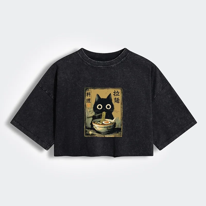 Tokyo-Tiger Cute Black Cat Eating Ramen Japan Women's Washed Crop T-Shirt