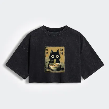 Tokyo-Tiger Cute Black Cat Eating Ramen Japan Women's Washed Crop T-Shirt