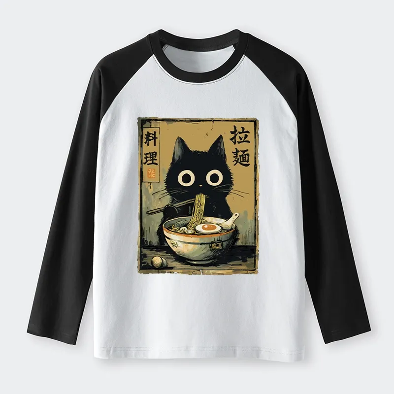 Tokyo-Tiger Cute Black Cat Eating Ramen Japan Raglan Long Sleeve T-shirt