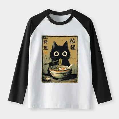 Tokyo-Tiger Cute Black Cat Eating Ramen Japan Raglan Long Sleeve T-shirt