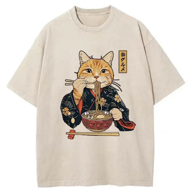 Tokyo-Tiger Elegant Cat Eating Ramen Washed T-Shirt