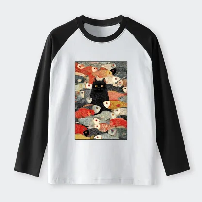 Tokyo-Tiger Cats And Fish Raglan Long Sleeve T-shirt