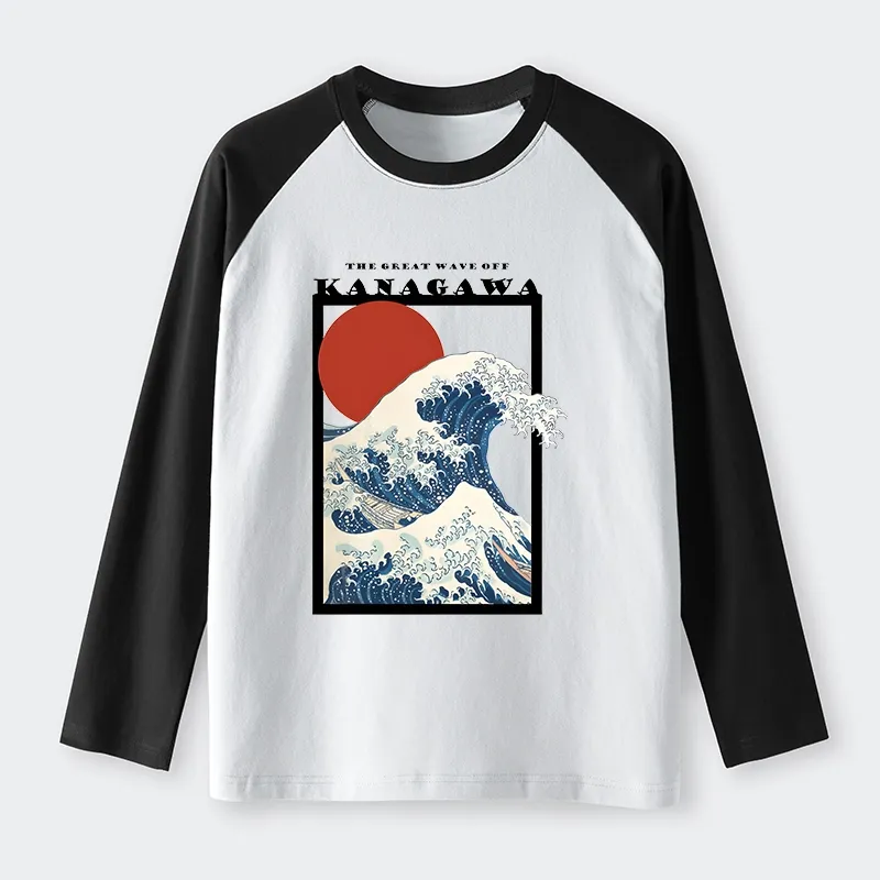Tokyo-Tiger Minimalist Ukiyo-e Waves Raglan Long Sleeve T-shirt Sale