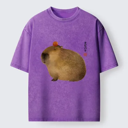 Tokyo-Tiger Calm Capybara Illustration Washed T-Shirt