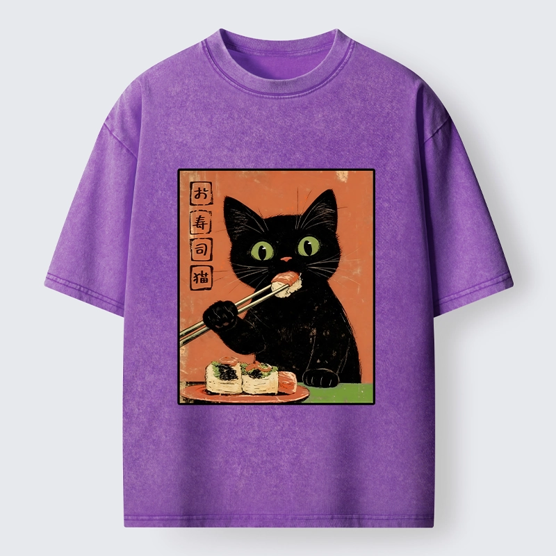 Tokyo-Tiger Japanese Style Sushi Cat Art Washed T-Shirt