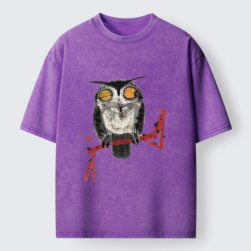 Tokyo-Tiger Ink Wash Owl On Red Branch Washed T-Shirt
