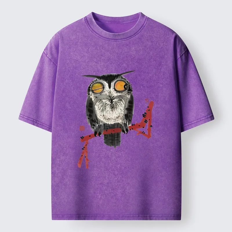 Tokyo-Tiger Ink Wash Owl On Red Branch Washed T-Shirt
