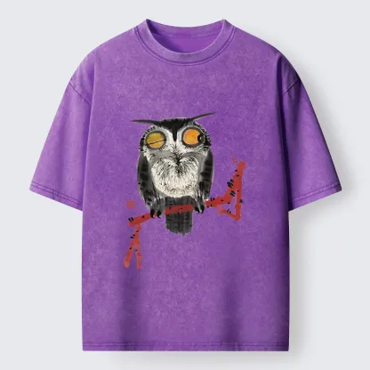 Tokyo-Tiger Ink Wash Owl On Red Branch Washed T-Shirt