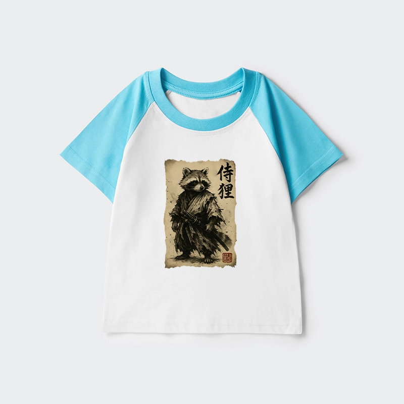 Tokyo-Tiger Retro Raccoon Samurai Kids Raglan T-shirt
