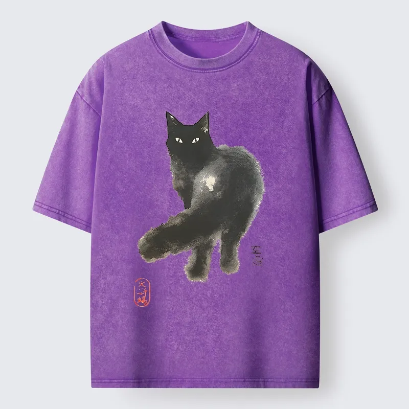 Tokyo-Tiger Black Cat Emptiness Ink Wash Washed T-Shirt