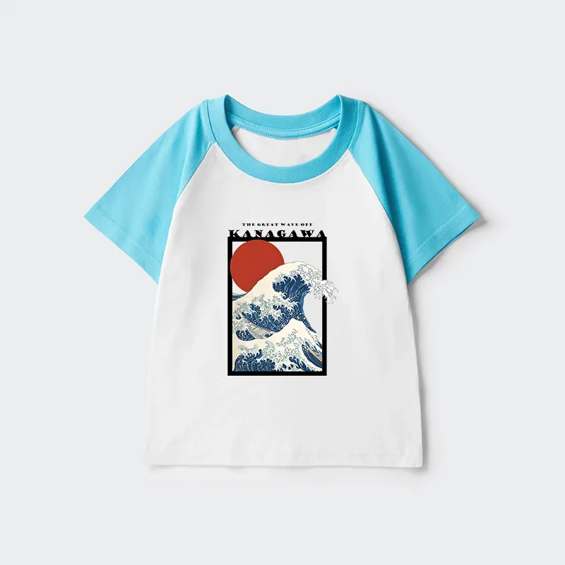Tokyo-Tiger Minimalist Ukiyo-e Waves Kids Raglan T-shirt