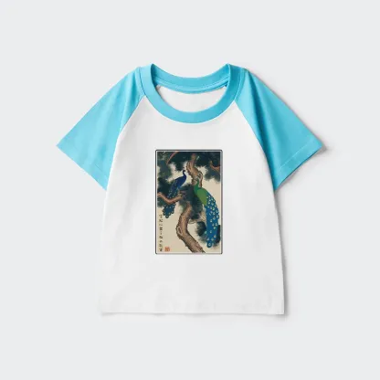 Tokyo-Tiger Peacocks in Snowy Pines Kids Raglan T-shirt